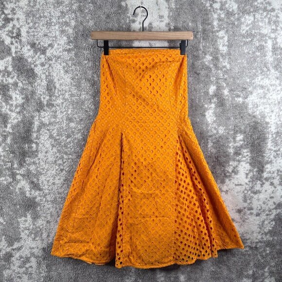 Maeve Dress 0 Womens Orange Eyelet Knit A Line Strapless Smocked Knee Length - Picture 1 of 7